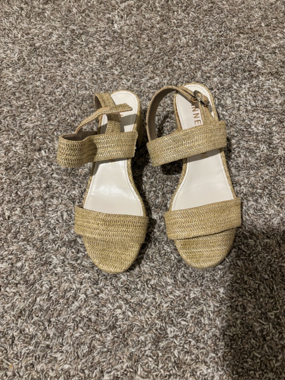 Anne Klein Woven Straw Wedge Sandals in Beige
